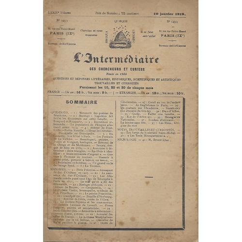 L'intermédiaire Des Chercheurs Et Curieux N° 1493 - 10 Janvier 1919