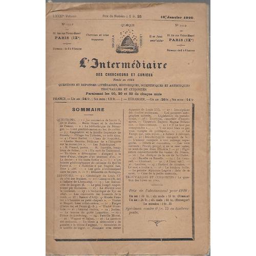 L'intermédiaire Des Chercheurs Et Curieux N° 1512 - 10 Janvier 1920