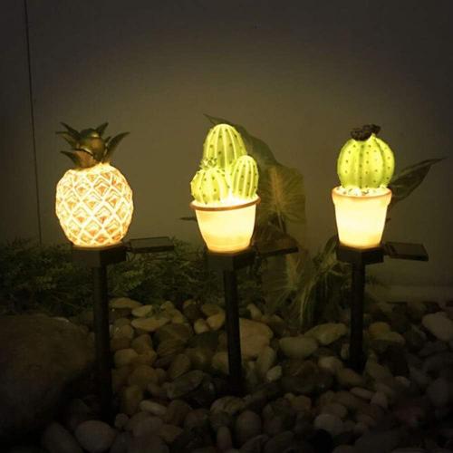 Blanc Greenlans Durable Étanche À La Pluie Jardin Décoration Solaire Éclairage Extérieur Lampe Solaire, Simulation Ananas Cactus Jardin Extérieur Pelouse Led Lampe Solaire Paysage Lumière Cactus À 3