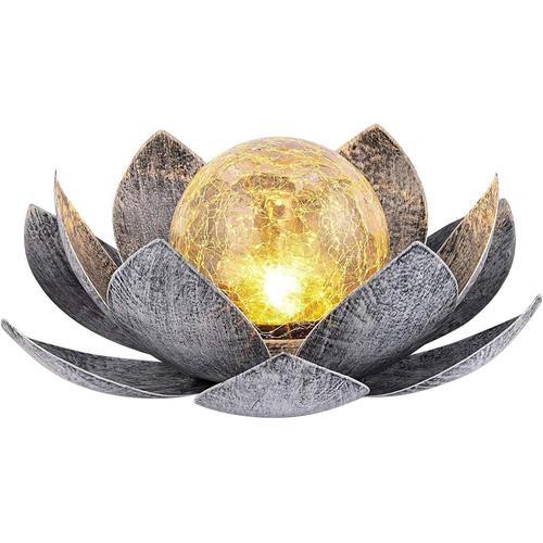 Argent Lampe Solaire En Fleur Lotus, Lumiere Solaire Exterieur, Lumière Fleur En Verre Globe Craquelé À Led Étanche Pour Jardin, Patio, Cour, Paysage, Trottoir