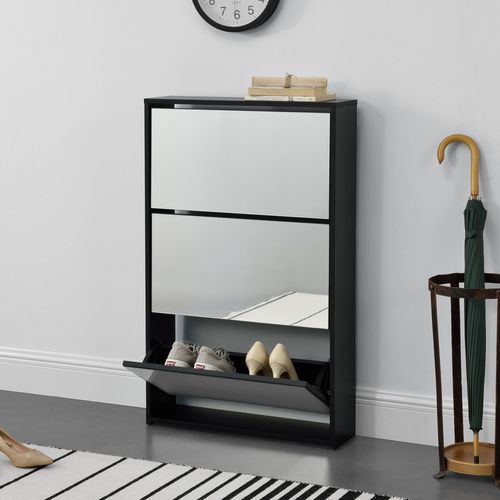 Étagère À Chaussures Design Meuble De Rangement 3 Compartiments Stockage Pour 9 Paires Façade Miroir Panneaux De Particules Mélaminés 102,5 X 63 X 17 Cm Noir [En.Casa]