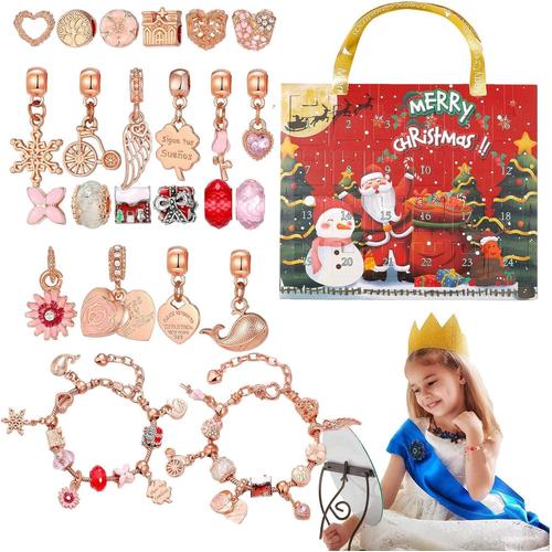 Bracelets du calendrier de l¿Avent de Noël - Bracelet de calendrier de l'Avent de Noël pour filles - Kit de fabrication de bijoux à faire soi-même, 22 perles de charme, 2 bracelets, bas de