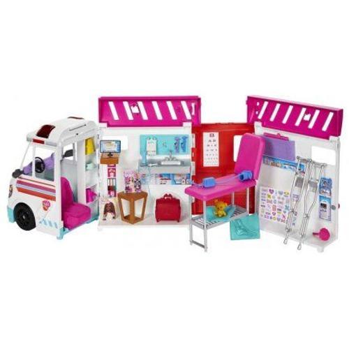 Coffret Barbie Camion Ambulance Transformable En Clinique Hopital - Vehicule Medical 2 En 1 - Son Et Lumiere - Set Jouet Fille + Carte