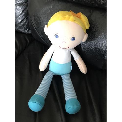 Doudou Peluche Poupée Jaune Bleu Et Blanche Rayé Haba 25cm