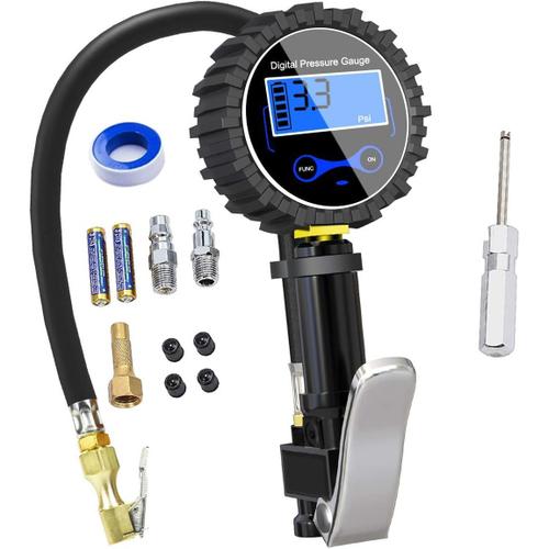 Manomètre numérique pour pneus 250 Psi, manomètre numérique de haute précision avec pistolet de gonflage pour voitures, motos, 2 piles Aaa, écran LCD