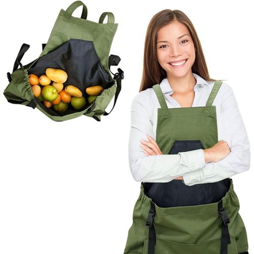 Tablier de Cueillette de Jardin Vert Imperméable Tablier en Toile de Coton avec Sac de Cueillette de Fruits Récolte Réglable Poches de Rangement de Jardin pour Fruits, Légumes