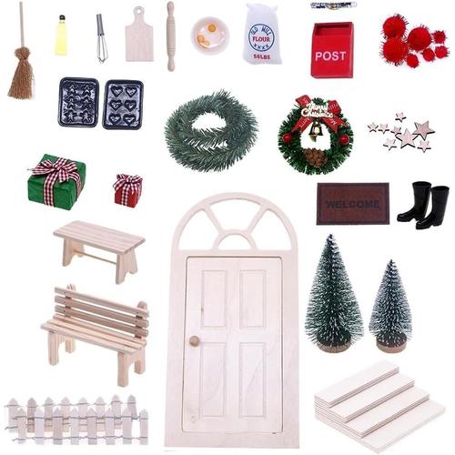 Porte Lutin de Noel Kit, 27 Pièces Miniature Lutin Farceur de Noel Accessoires, Kit Lutin Farceur avec Boîtes Aux Lettres Miniatures, Clôture, Échelle, Bottes, Couronne, Porte de Fée, Porte de Lutin