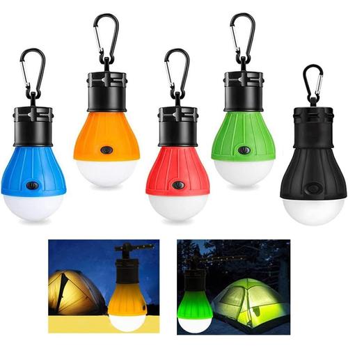 Vert, Rouge, Bleu, Orange, Noir Lot De 5 Lampes De Camping, De Tente, Lampe De Camping, Lampe Led Portable, Ampoule De Secours Étanche, Alimentée Par Piles Avec Crochet À Clip Pour Le Camping, La