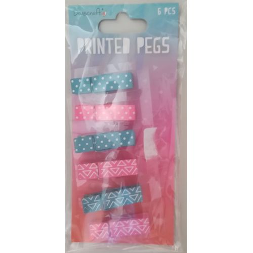 6 Minis Pince A Linge Bois Imprimé - 3 Rose, 3 Bleue - Décoration, Photo, Scrapbooking...