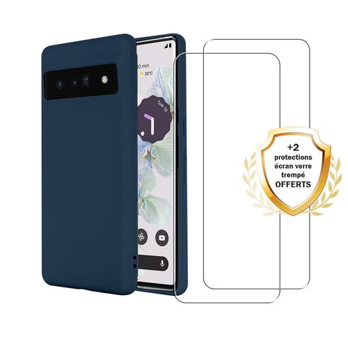 Coque Google Pixel 7 Silicone Liquide Bleue Marine + 2 Vitres En Verre Trempé Protection Écran Evetane