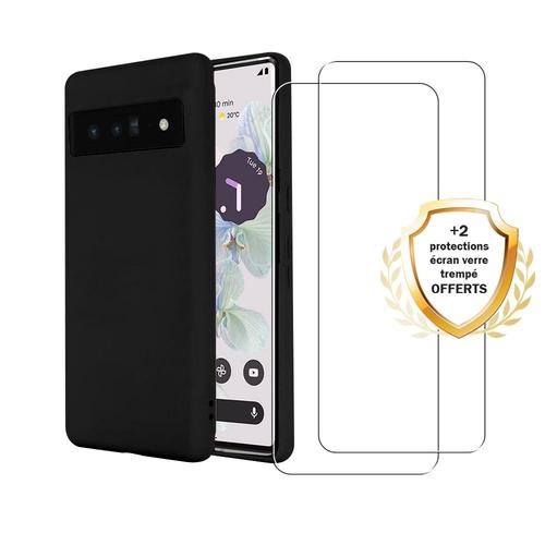 Coque Google Pixel 7 Silicone Liquide Noire + 2 Vitres En Verre Trempé Protection Écran Evetane