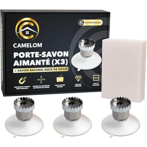 Naturel Lot de 3 Porte Savon Aimanté avec Ventouse - Porte Savon Ventouse puissante - Porte Savon magnétique - Aimant Savon Solide Acier Inoxydable - Savon Naturel Noix de Coco 100g Inclus