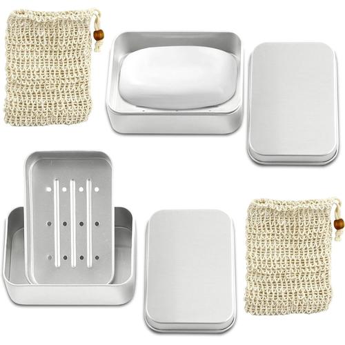 2 Pack Boîte à Savon en Aluminium, Porte Savon avec Bac D'égouttage, Sac à Savon en Sisal, Boite Metal, Porte Savon Voyage, pour Salle De Bain, Voyages