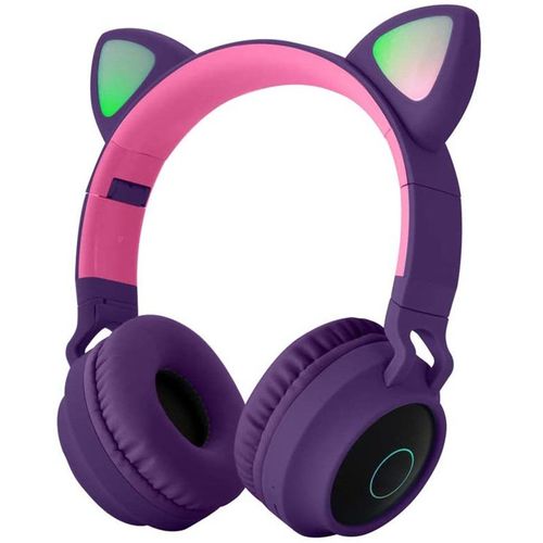 Oreille de chat mignonne Bluetooth 5.0 Casque stéréo pliable sans fil avec micro lumière LED,violet