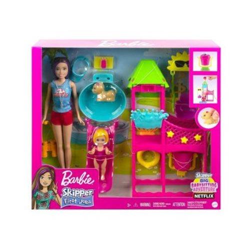 Barbie - Coffret Parc Aquatique Avec Piscine Et Toboggan - Poupees Skipper Et Enfant - Set Metier Baby Sitter + Carte Animaux