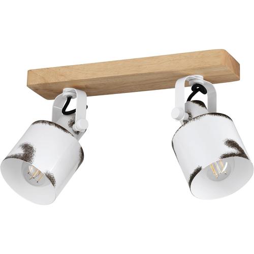 Spot de plafond 2 lampes Rail spot Kilburn, rampe de 2 spots orientables, FSC100HB, barre de spots pivotants au style campagnard, plafonnier en métal blanc et bois naturel, lampe de plafond avec