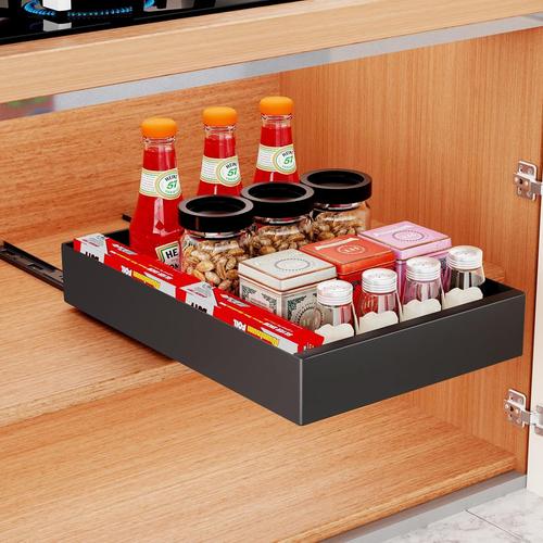 Tiroir Coulissant Cuisine, Amenagement Interieur Placard pour Rangement Cuisine Organiseur, Pas de perçage Organisateur Tiroir Coulissant Cuisine Adhesif (Black/30 W*43 D*7 H cm)