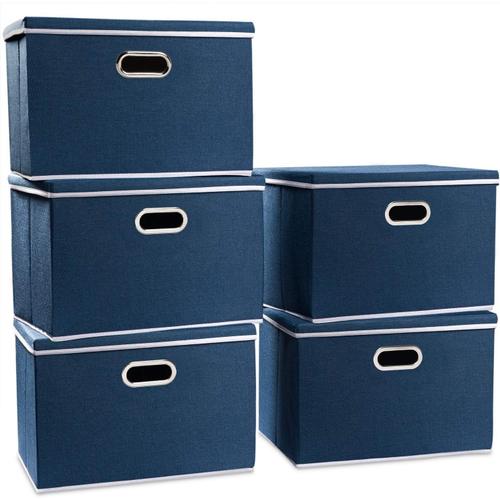 Bleu Royal Grands Bacs De Rangement Pliables En Lin Avec Couvercles Pour La Maison, Le Bureau [Lot De 5] Bleu Royal (45 X 30 X 30 Cm)