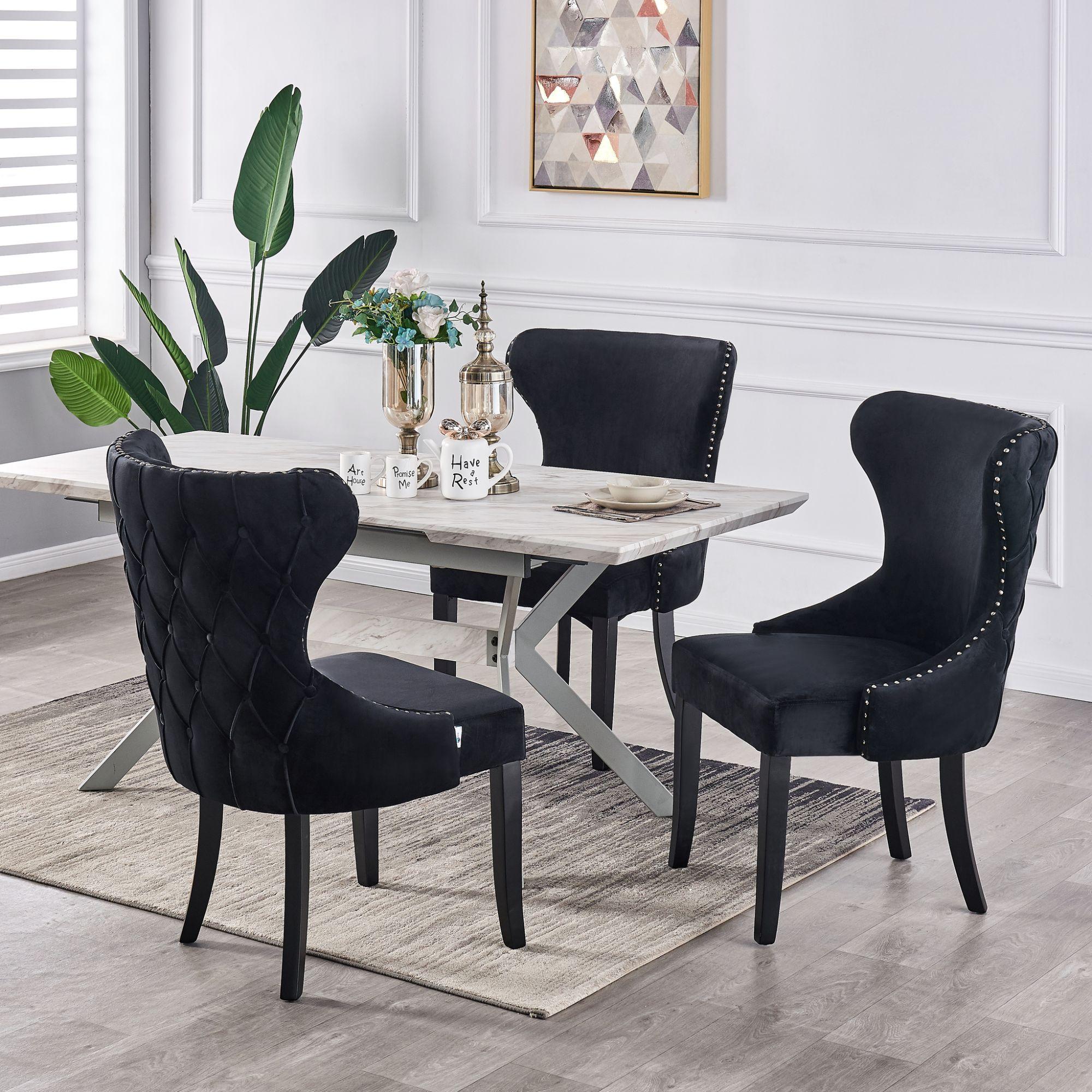 Eva - ensemble table à manger extensible 4 à 6 personnes décor marbre gris  & noir + 4 chaises en velours grises - style moderne LIFE INTERIORS
