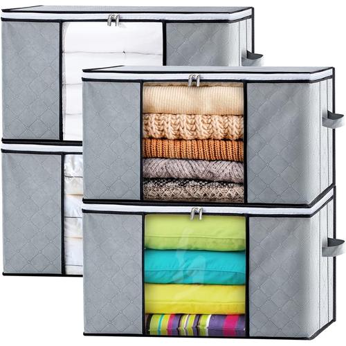 Gris Sac De Rangement Vetement Lot De 4, Grande Non-Tissé Boite Rangement Sous Lit Avec Poignée Pour Couette Vêtements Édredons Couvertures Oreillers Jouets, 60 X 40 X 35 Cm, Gris