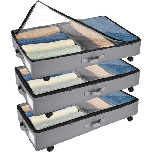 Lot De 3 Boîtes De Rangement Sous Le Lit, Avec Roulettes, Rotation À 360 ° Et Cadre En Métal, Pliable, Grande Capacité, Tissu Non Tissé, Sac De Rangement Pour Vêtements, Chaussures Et