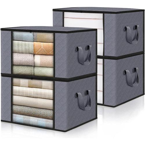 Sac De Rangement 4 Pièces 90 L. Grand Rangement De Vêtements. Boîte De Rangement Pliable Avec Couvercle. Conçu Pour Ranger Les Vêtements Et Les Couettes. (60 X 43 X 35) Gris