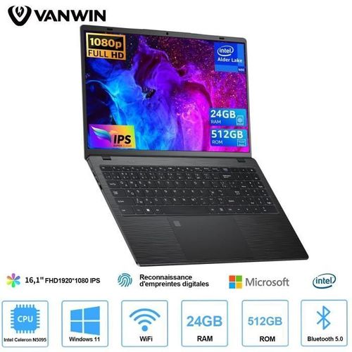 PC portable - 16.1"FHD+ - 24 Go de RAM 512 Go SSD Intel Celeron N5095 (2,9 GHz) - Windows 11 PRO - Rotation à 170°- AZERTY