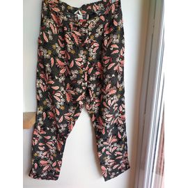 Pantalon H&m Noir Orange Imprimé Feuillage T42