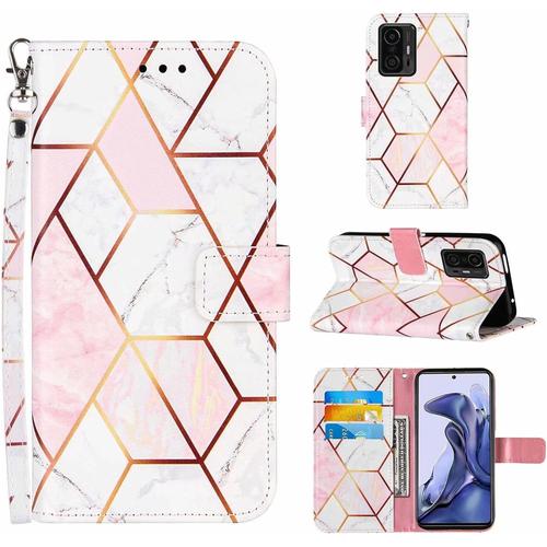 Compatible Avec Coque Xiaomi Mi 11t Prime Pu Cuir Wallet Marbre Géométrique Conception Fermeture Magnétique Fonction Stand Emplacements Pour Cartes Anti-Choc Étui-Rose Blanc