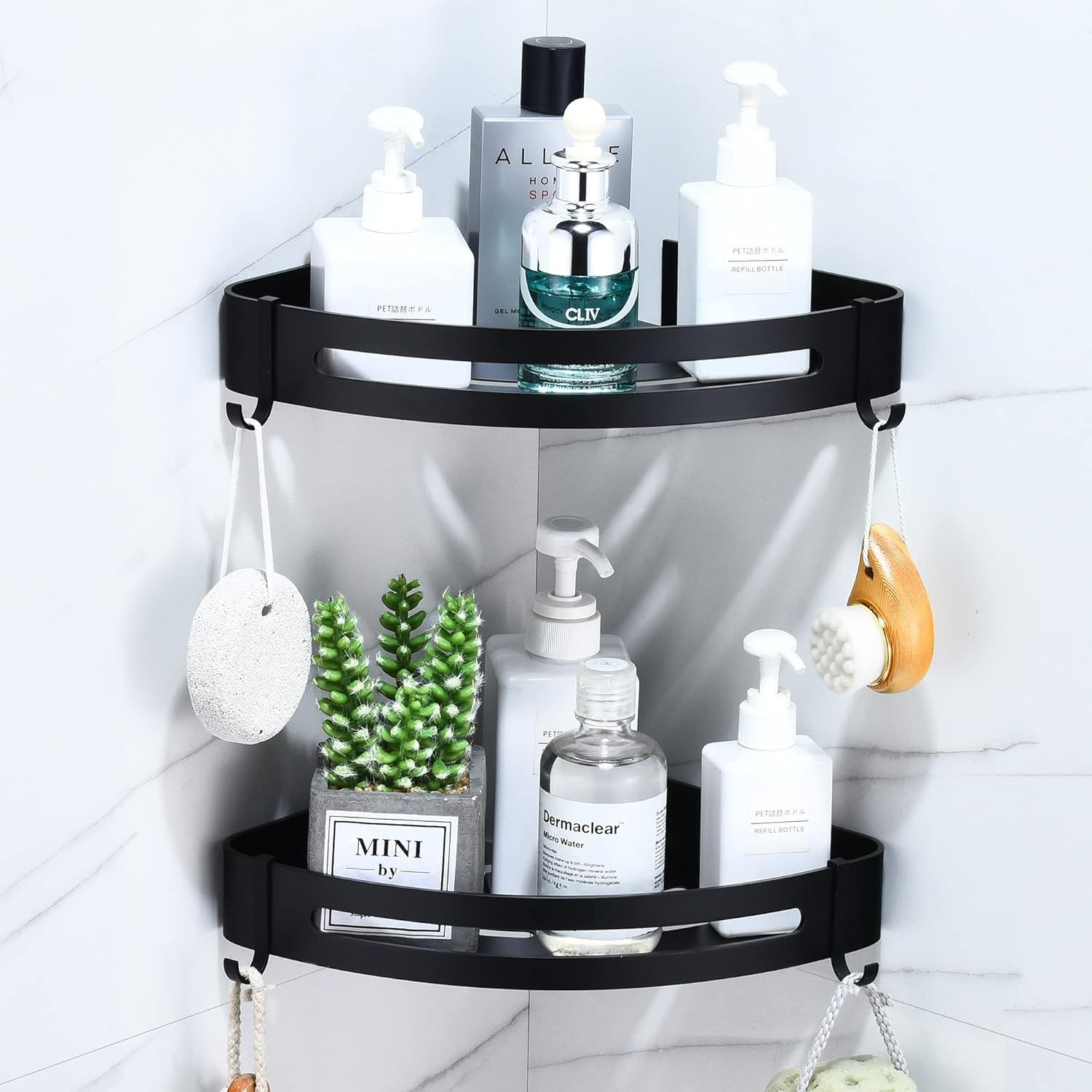 Etagere Salle de Bain Sans Percage, Étagère Murale Noire Douche Panier Rangement Angle Avec 4 Crochets Tablette D¿angle Metal pour Rangement Douche, Étagère Cuisine (2 Niveaux,Triangle)