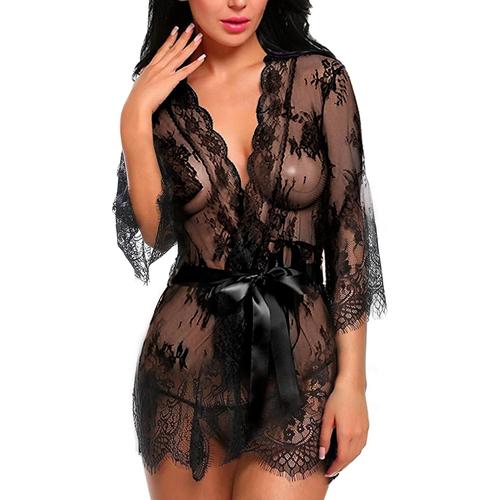 Femmes Vêtements De Nuit Sexy Lingerie Dentelle Mis En Maille Nuisette Chemise De Nuit Sleepwear Robe + G-String Ensemble