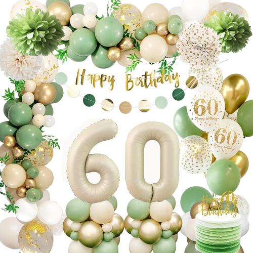 Decoration Anniversaire 60 ans,60 Ans D¿¿corations Anniversaire de F¿ºte en Vert Or,Deco 60 ans Ballon,Banni¿¿re Joyeux Anniversaire,PomPoms en Papier,Deco Anniversaire 60 ans pour Hommes Femmes