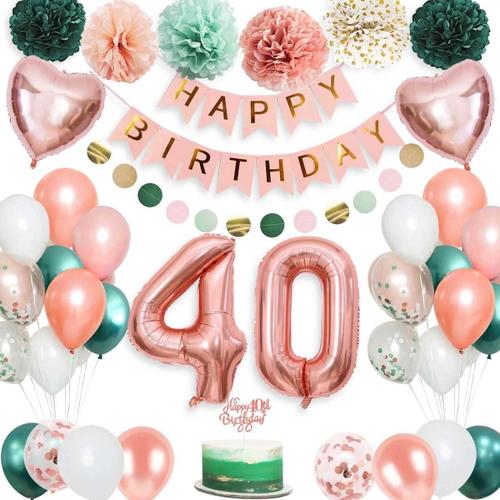 Decoration Anniversaire 40 Ans Femme, Anniversaire Ballon 40 Ans Or Rose Vert, Deco Anniversaire 40 Ans Banni¿¿re de Joyeux ¿¿me D¿¿coration 40 Ans PomPoms en Papier, Ballons 40 Ans Feuille pour Femmes