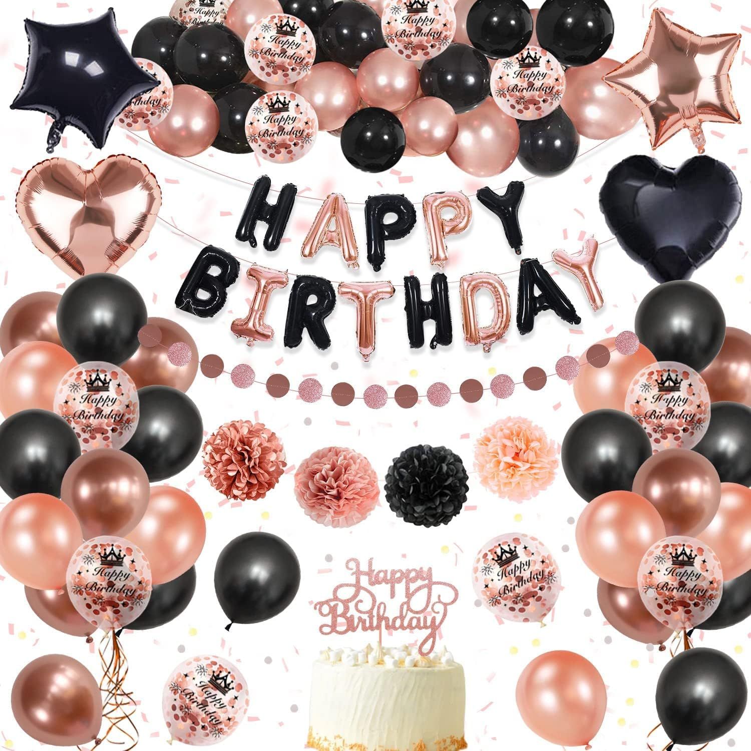 Decoration Anniversaire Or Rose Noir Ballons, Happy Birthday Decoration Banderole Joyeux Anniversaire, Pom Poms en Papier pour Fille Femme 16 18 20 21 30 40 50 60 70 80 ans R¿¿utilisable