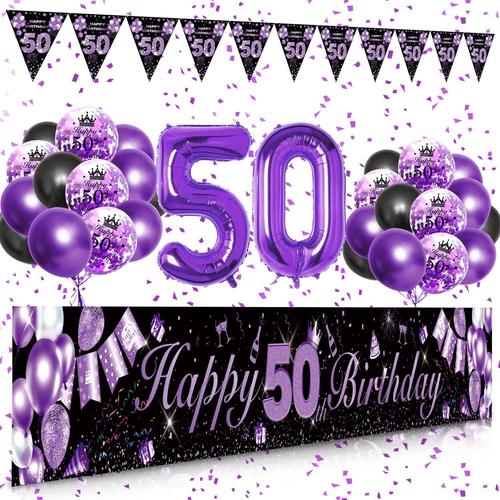 Deco Anniversaire 50 ans Femme, Noir Violet 50 ans Banni¿¿re D¿¿coration de F¿ºte, 50 ans Banderole Joyeux Anniversaire Triangle Banni¿¿re Latex Confetti Ballons, 50 ans Toile Affiche Fond Photo