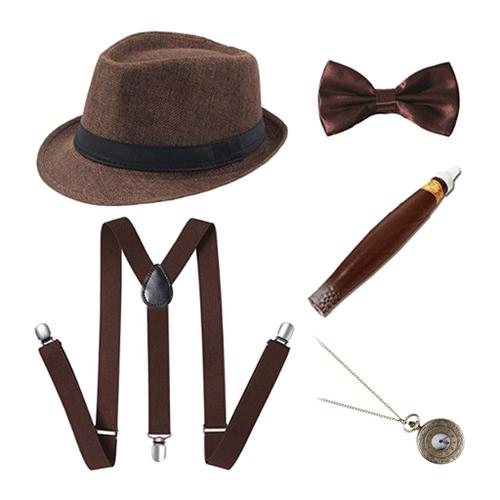 1920s Costume Homme Gatsby Fedora Chapeau Bretelles Noeud papillon Montre  de poche