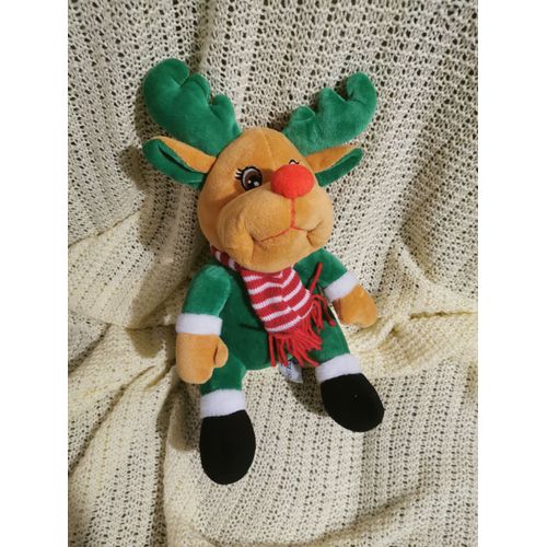 Peluche Doudou Renne Marron Vert Echarpe Rouge Rayée Sandy