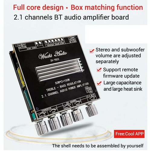 Amplificateur de puissance Bluetooth ZK-TB22, 2.1 canaux, Mini Module d'ampli numérique sans fil, haut-parleurs 50W x 2 100W