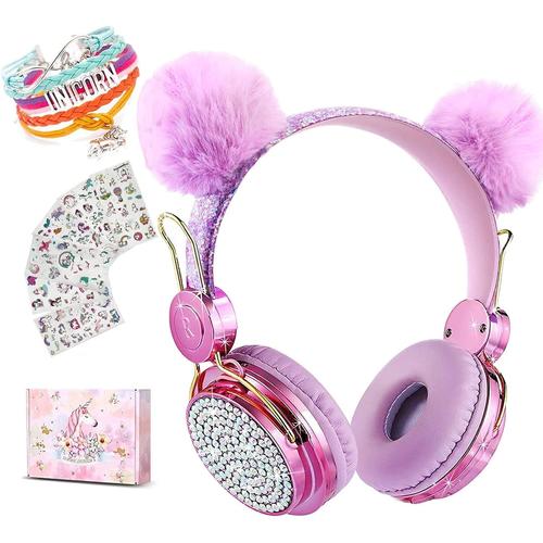 Boule de Poils Casque Audio Enfant, Casque Bluetooth sans Fil Enfant Fille avec Microphone, Volume Limit¿¿ 85dB Casque Enfant Audio avec Lumi¿¿res LED pour Smartphone/PC/IPad/Etudes/Voyages