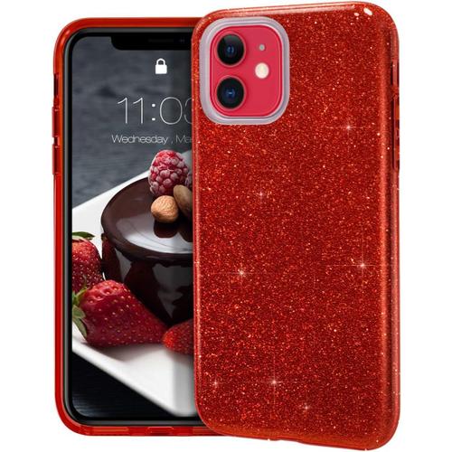 Coque Iphone 11 Glitter ¿¿Tincelante Svelte Bling Cristal 3 Couches De Protection Souple Anti-Glissante Hybride Coque Pour Iphone 11 6.1'' £¿Red£©