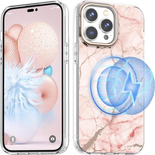 Coque Pour Iphone 14 Pro Marbre Dur Pc Magn¿¿Tique Housse Etui Protection, Charge Sans Fil Magn¿¿Tique, ¿¿L¿¿Gant G¿¿Om¿¿Trique Antichoc Coques Pour Iphone 14 Pro 6.1'' 2022-Rose Magn¿¿Tique