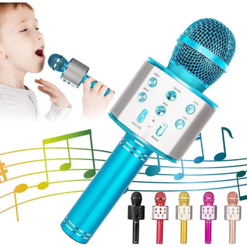 Microphone Bluetooth Karaok¿¿ sans Fil, 5-en-1 Radio FM, Portable Karaok¿¿ Micro, Haut-Parleur, Lecteur, Enregistreur pour Enfants Adulte,Compatible avec Smartphone, Android,iPad, PC(Bleu)