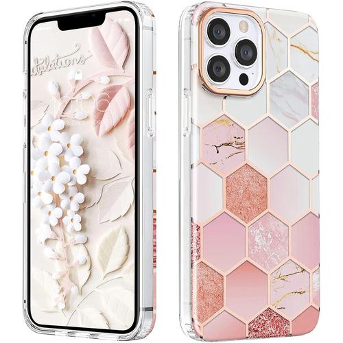 Coque Compatible Avec Iphone 13 Pro Coque Marbre Brillant Dur Pc Housse Etui Protection, ¿¿L¿¿Gant G¿¿Om¿¿Trique Antichoc Coques Pour Iphone 13 Pro 6,1'' 2021-Hexagone Rose