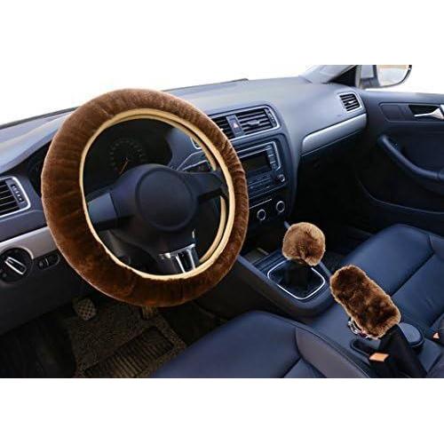 Couvre-Volant De Voiture En Fausse Fourrure De Laine Housse De Volant Pour Auto Set 3 Pcs Couverture De Roue De Direction Levier De Vitesse Frein ¿¿ Main Housse Taille Unique ¿¿Lastique