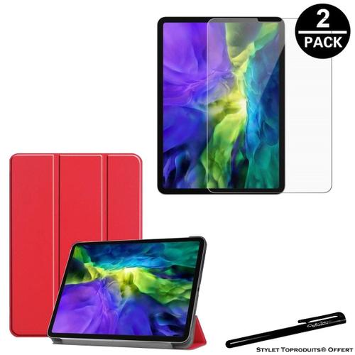 Coque Smart Rouge Pour Apple Ipad Pro 11 2020 + 2 Films De Protection En Verre Trempé Avec Stylet Toproduits®