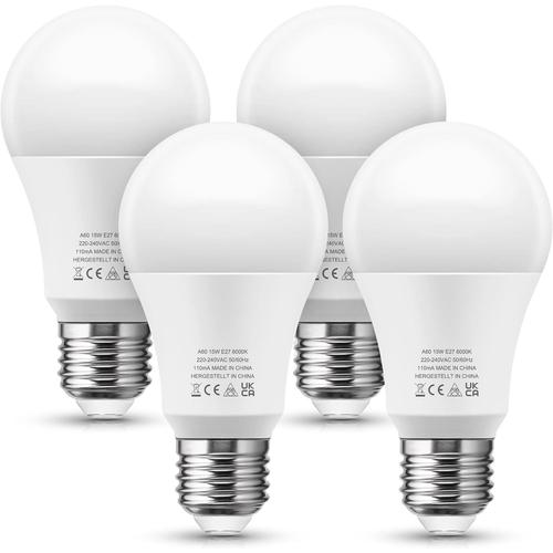 Lohas Ampoule Led E27, 15w, Blanc Froid 6000k, 1800lm, Équivalent Incandescent 150w, A60 Ampoules Culot E27, Angle Du Faisceau 240°, 220-240v, Non Dimmable, Ampoules À Économie D'énergie, Lot De 4