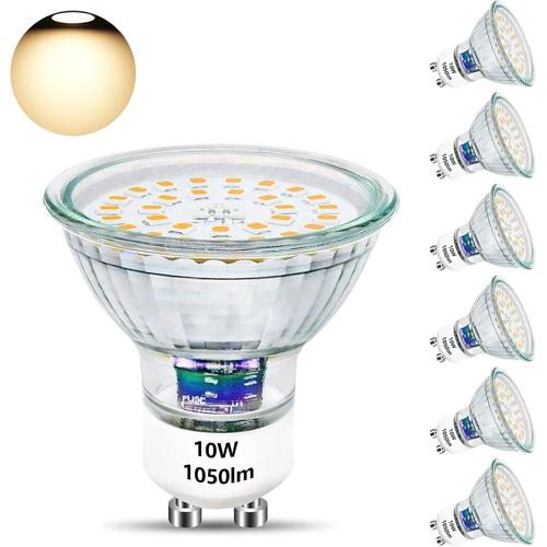 Ampoules Gu10 Led Blanc Chaud 10w Remplace 100w Halogène 3000k Base Verre 1050lm Lumineux Lampe Led 230v Angle D'abstraction 120° Led Spot, Non Dimmable 6 Pièces