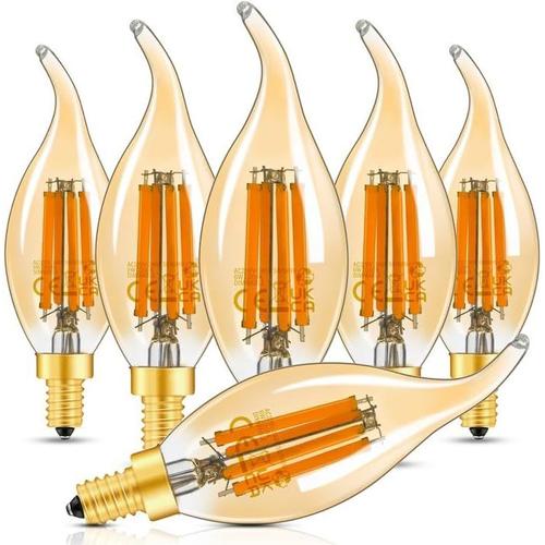 E14 Led Dimmable Ampoule Vintage 60watt, 6w 550lumen Lampe Bougie Décorative, 2200k Jaune Ultra Chaud Ampoule Forme Bougie Pour Lustre,Salon.Cri>90+,Pack De 6