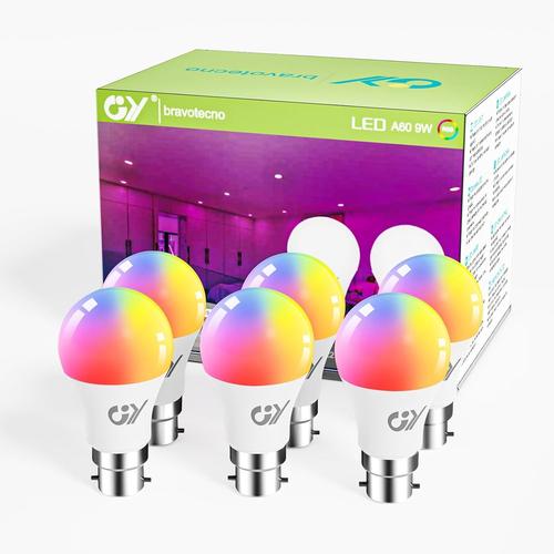 Lot De 6 Ampoules Connectée Wifi Led A60 9w 850lm Compatible Avec Alexa/Google Home,B22 Intelligente Dimmable Ampoule Multicouleurs Rgb+Blanc Chaud/Froid 2700k-6500k