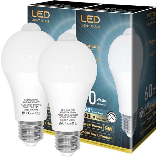 Ampoule Détecteur De Mouvement, Ampoule Led E27 Capteur Pir, Blanc Froid 6000k 9w 900lm Ampoules D'éclairage De Sécurité Automatiquement Allumées/Éteintes Pour Couloir, Garage, Lot De 2